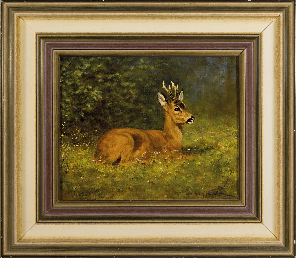 Detail k: Georg Majewicz, 1897 Polowice/Polen-1973 Münchberg, ruhendes Reh, rechts unten signiert, Öl/Lwd, 24x30 cm, Rahmen, 38x45 cm