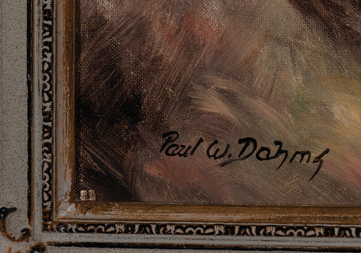 Detail a: Paul W. Dahms, 1913-1988, deutscher Maler von Winter- und Moorlandschaften mit heimischen Wildtieren, Feldhase in Winterwald, links unten signiert, ...