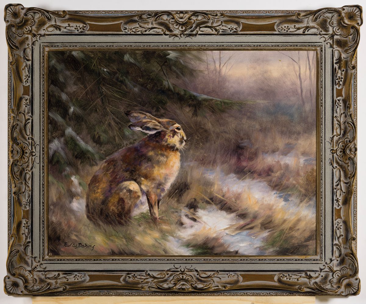Detail k: Paul W. Dahms, 1913-1988, deutscher Maler von Winter- und Moorlandschaften mit heimischen Wildtieren, Feldhase in Winterwald, links unten signiert, ...