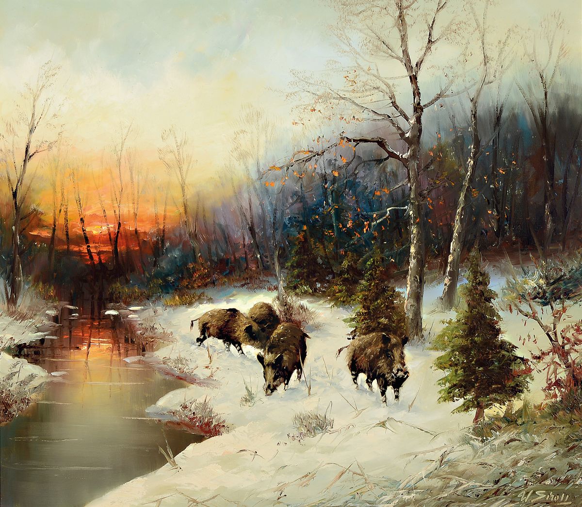 W. Scholl, Düsseldorfer Schule, Mitte 20.Jh. , Wildschweine in abendlichem Winterwald, signiert, Öl/Lwd, Rahmen 90x97 cm
