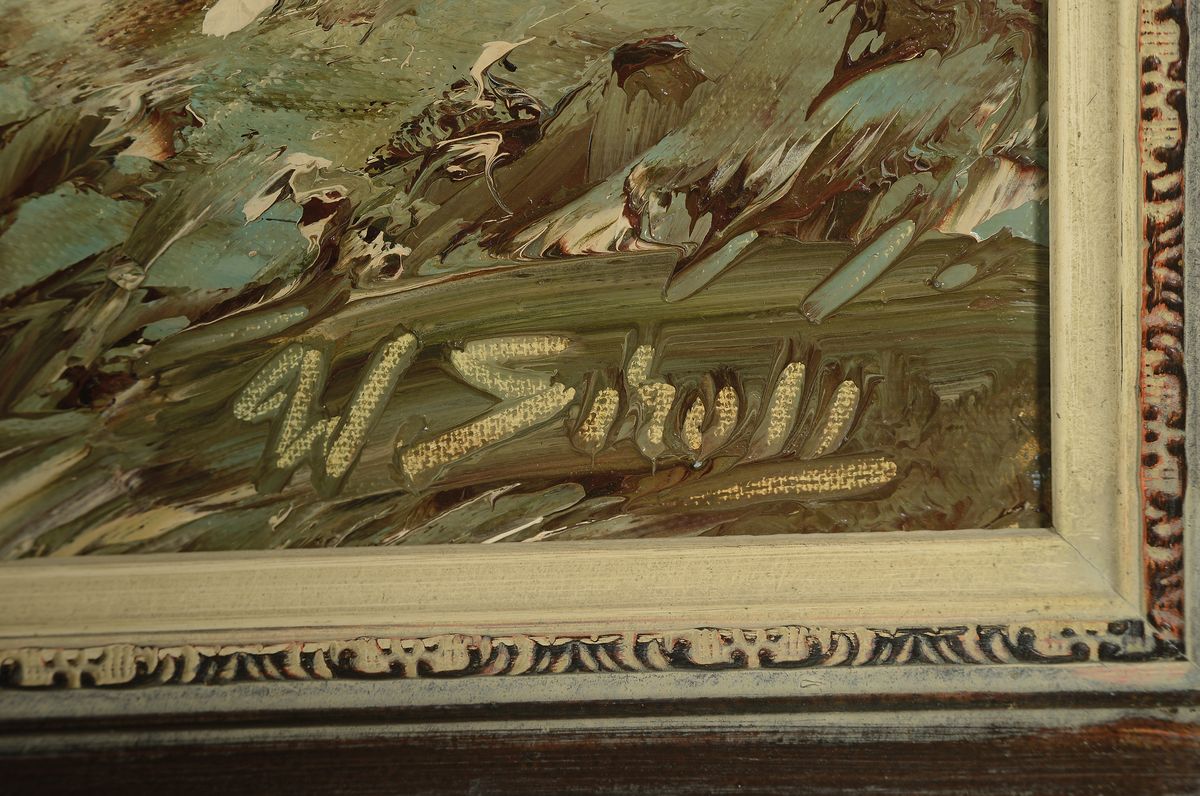 Detail a: W. Scholl, Düsseldorfer Schule, Mitte 20.Jh. , Wildschweine in abendlichem Winterwald, signiert, Öl/Lwd, Rahmen 90x97 cm