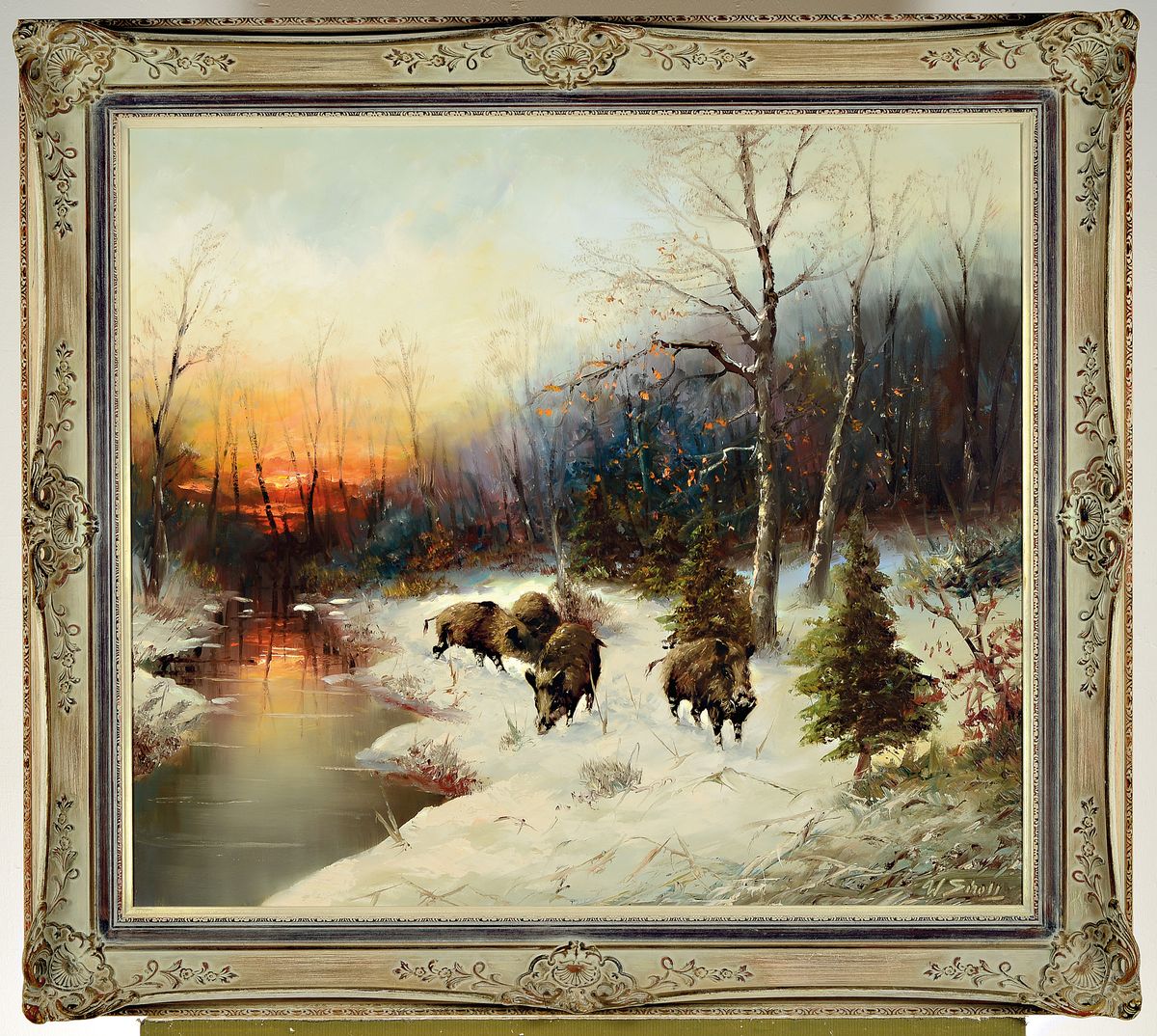Detail k: W. Scholl, Düsseldorfer Schule, Mitte 20.Jh. , Wildschweine in abendlichem Winterwald, signiert, Öl/Lwd, Rahmen 90x97 cm