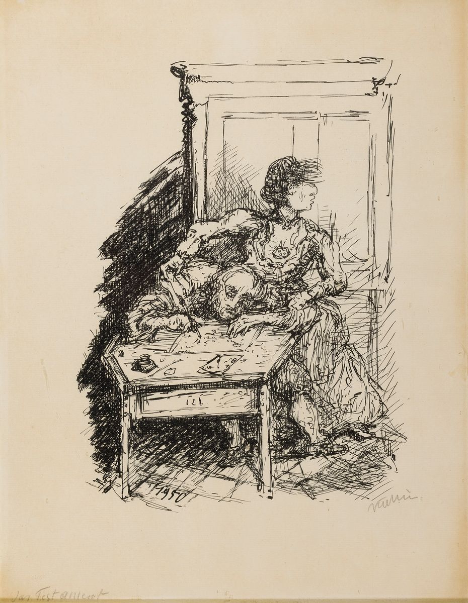 Detail b: Alfred Kubin, 1877 in Leitmeritz, Böhmen - 1959 in Zwickledt, zwei Lithografien, das Testament und Gasthausgespräche im Böhmerwald, beide ...