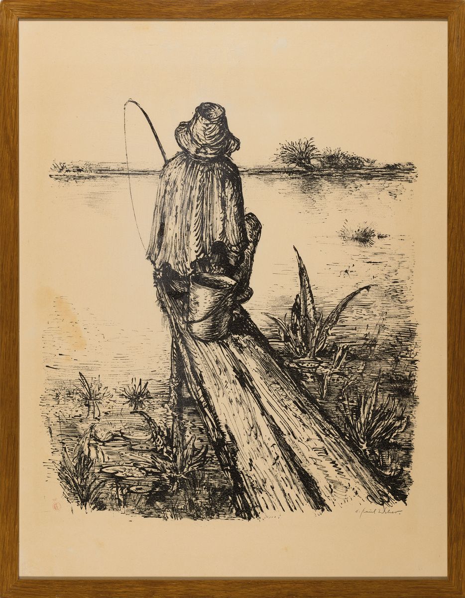 Detail k: A. Paul Weber, November 1893 in Arnstadt - 1980 in Schretstaken, Lithografie, der Angler, handsigniert und rot gestempelt, gebräunt bzw. fleckig, ...