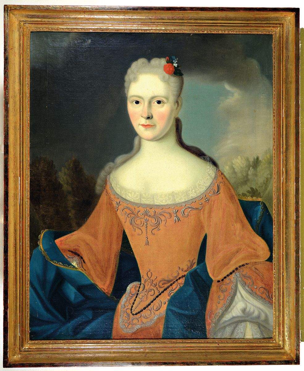 Detail k: Unbekannter Künstler, Frankreich, 18. Jh., Porträt einer Frau vor idealer Landschaft, Öl/Lwd, rest., rückseitig beschriftet: Charlotte ... ...