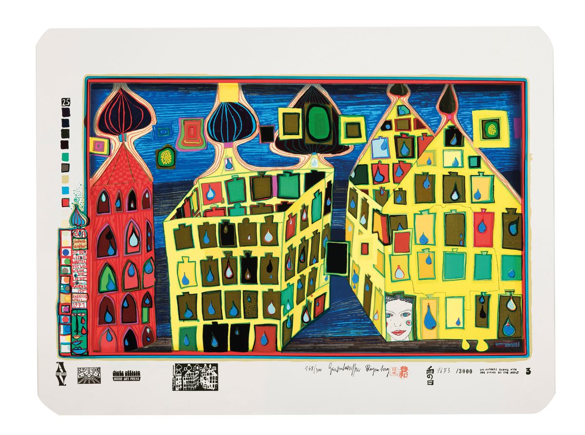 Friedensreich Hundertwasser, 1928-2000, Serigraphie in 29 Farben, 630A "Mit der Liebe warten tut weh, wenn die Liebe woanders ist", Blatt 3 ...