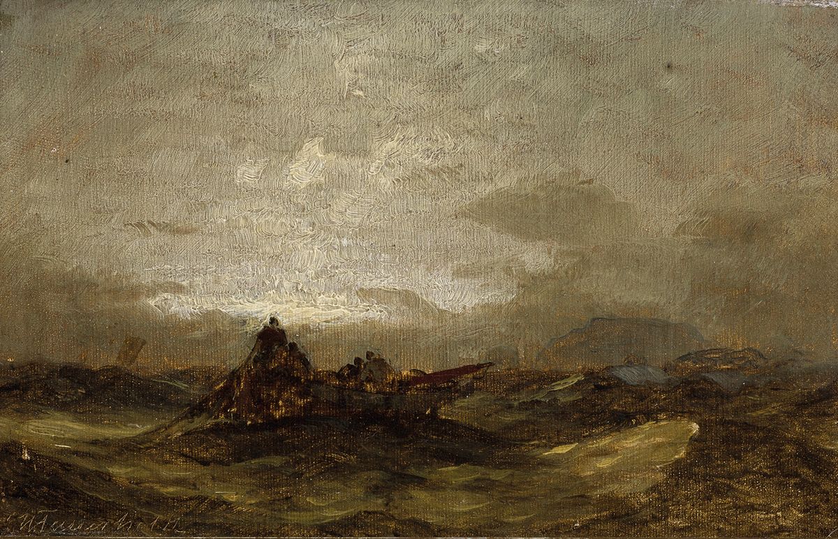 Viggo Fauerholdt, 1832 Kopenhagen-1883 Düsseldorf, Schiffbrüchige im Sturm, Öl/Lwd, links unten signiert, ca. 14x22cm, R. ca. 28x36cm