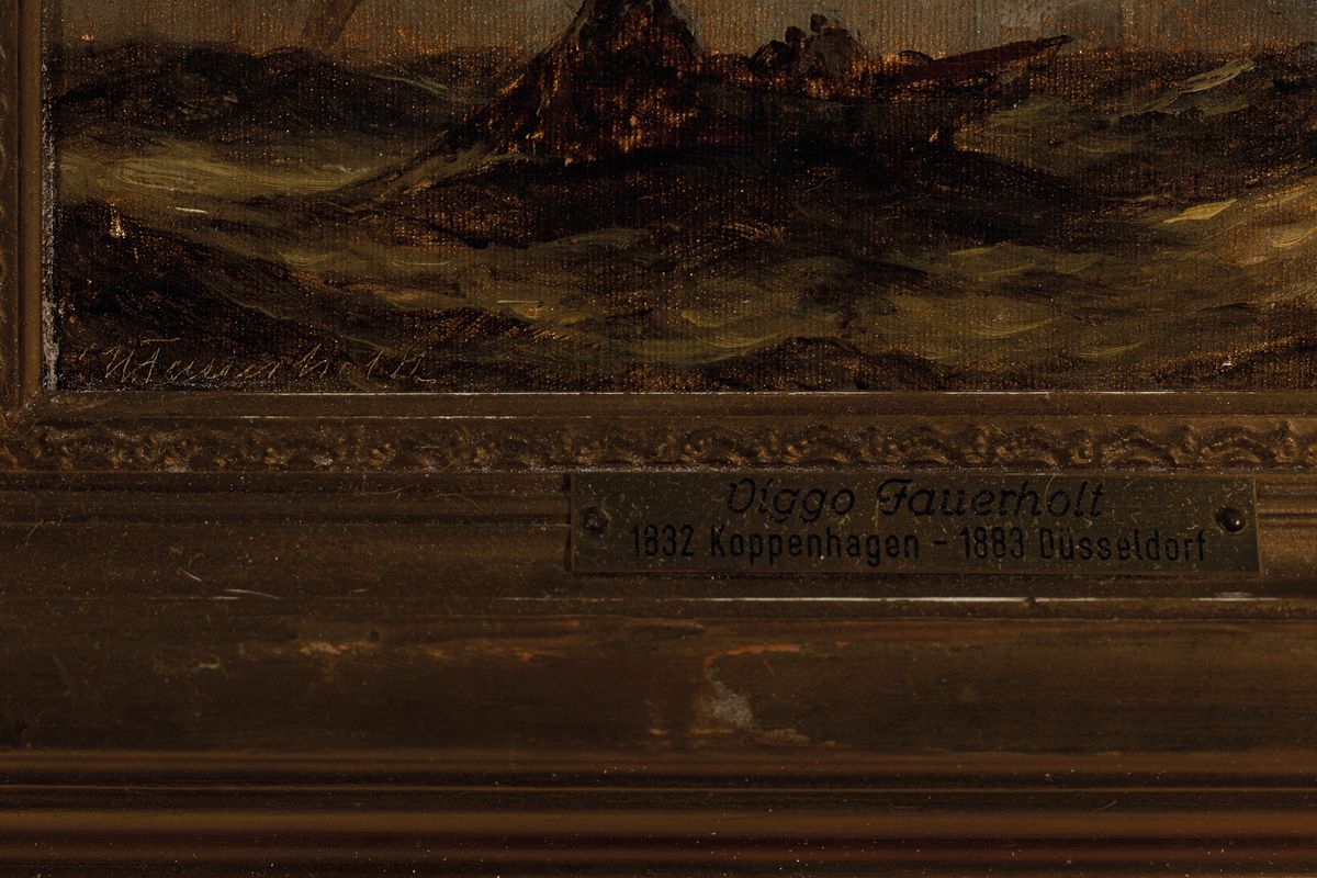 Detail a: Viggo Fauerholdt, 1832 Kopenhagen-1883 Düsseldorf, Schiffbrüchige im Sturm, Öl/Lwd, links unten signiert, ca. 14x22cm, R. ca. 28x36cm