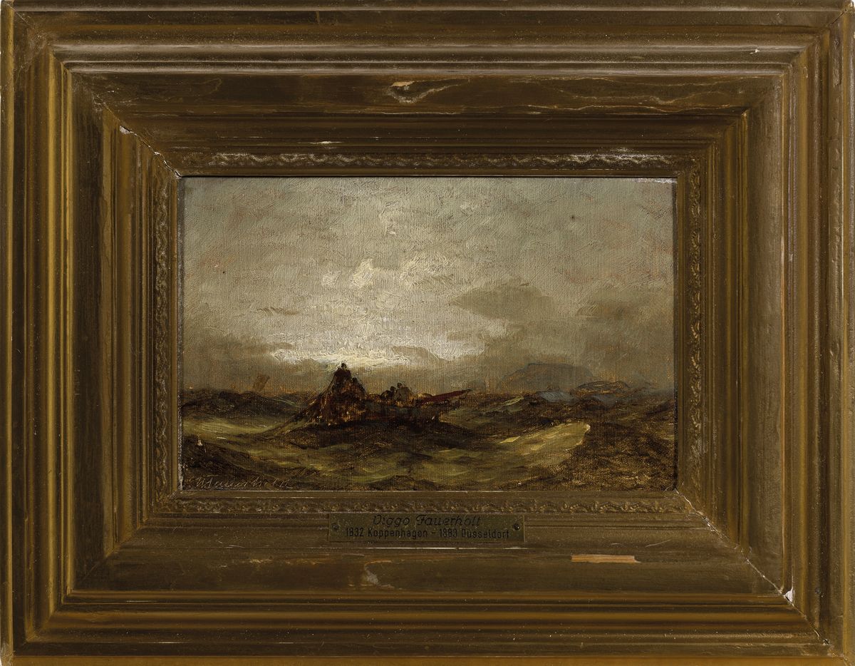 Detail k: Viggo Fauerholdt, 1832 Kopenhagen-1883 Düsseldorf, Schiffbrüchige im Sturm, Öl/Lwd, links unten signiert, ca. 14x22cm, R. ca. 28x36cm