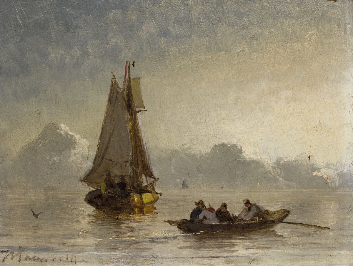 Viggo Fauerholdt, 1832 Kopenhagen-1883 Düsseldorf, Schiffer kehren aufs Segelboot zurück, Öl/Holz, links unten signiert, ca. 16x20.5cm, R. ca. ...