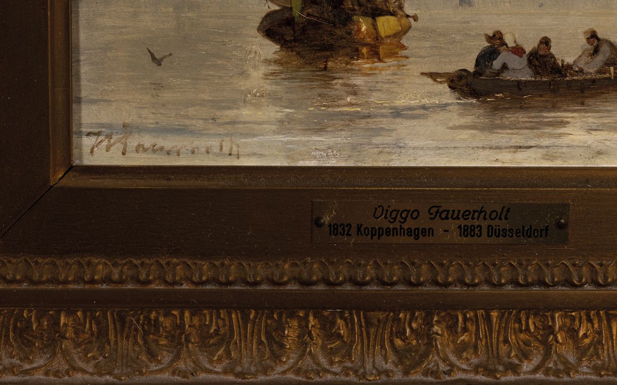 Detail a: Viggo Fauerholdt, 1832 Kopenhagen-1883 Düsseldorf, Schiffer kehren aufs Segelboot zurück, Öl/Holz, links unten signiert, ca. 16x20.5cm, R. ca. ...