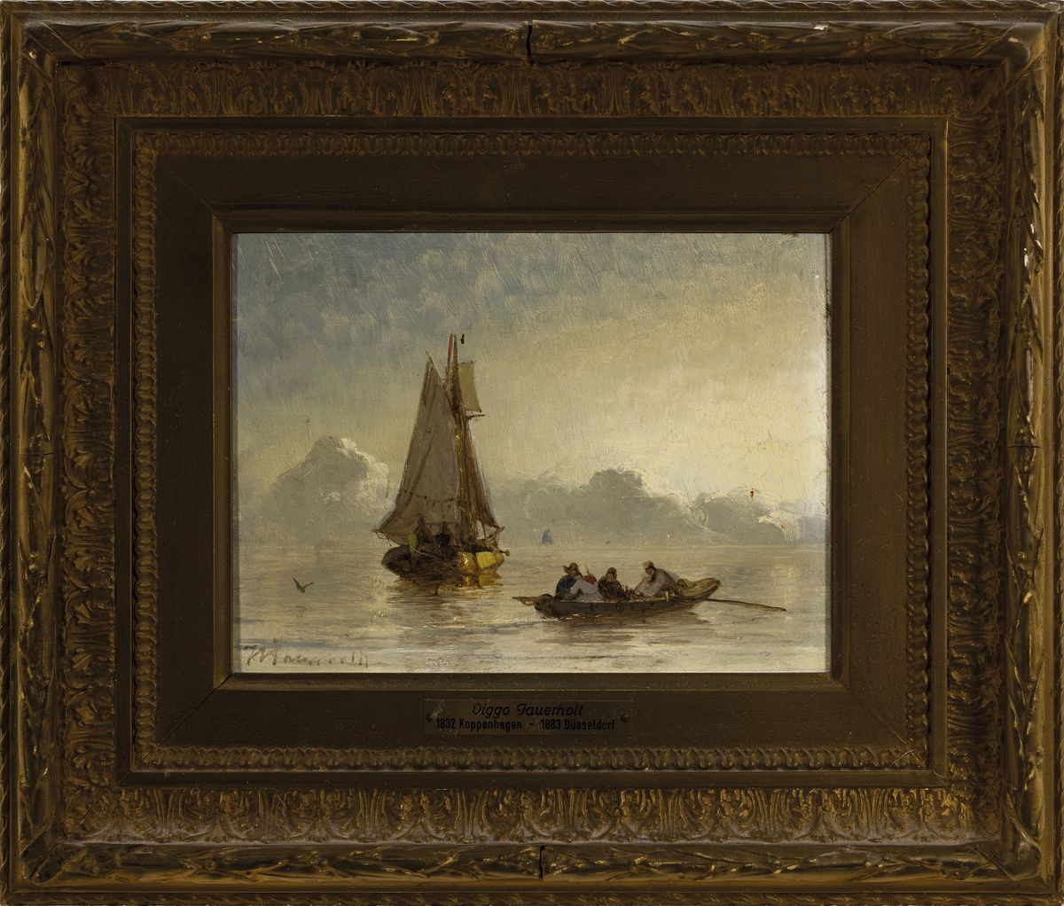 Detail k: Viggo Fauerholdt, 1832 Kopenhagen-1883 Düsseldorf, Schiffer kehren aufs Segelboot zurück, Öl/Holz, links unten signiert, ca. 16x20.5cm, R. ca. ...