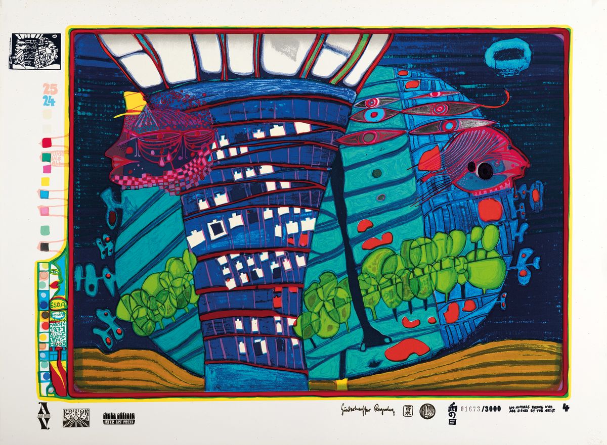 Friedensreich Hundertwasser, 1928-2000, Serigraphie in 30 Farben,davon 2 phosphoreszierend, Metallprägung, 650A "Fluchtins All", Blatt 4 ...