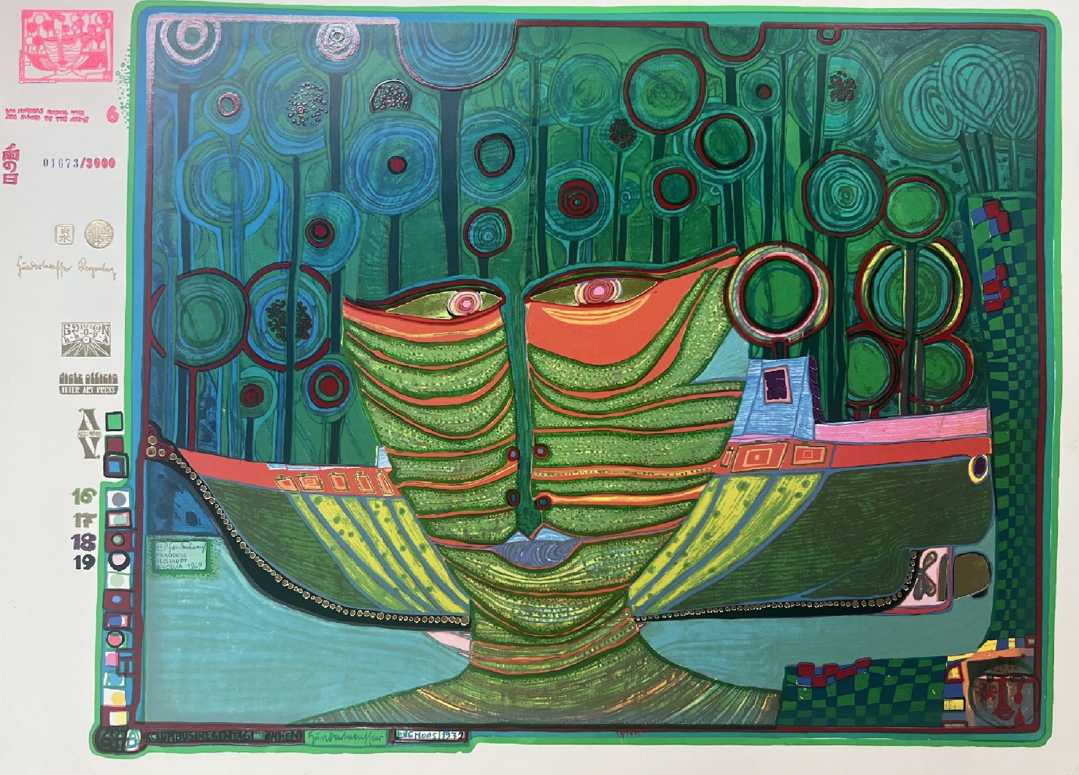 Friedensreich Hundertwasser, 1928-2000, Serigraphie in 17 Farben, Metallprägungen, 687A "Columbus Regentag in Indien", Blatt 6 aus dem ...