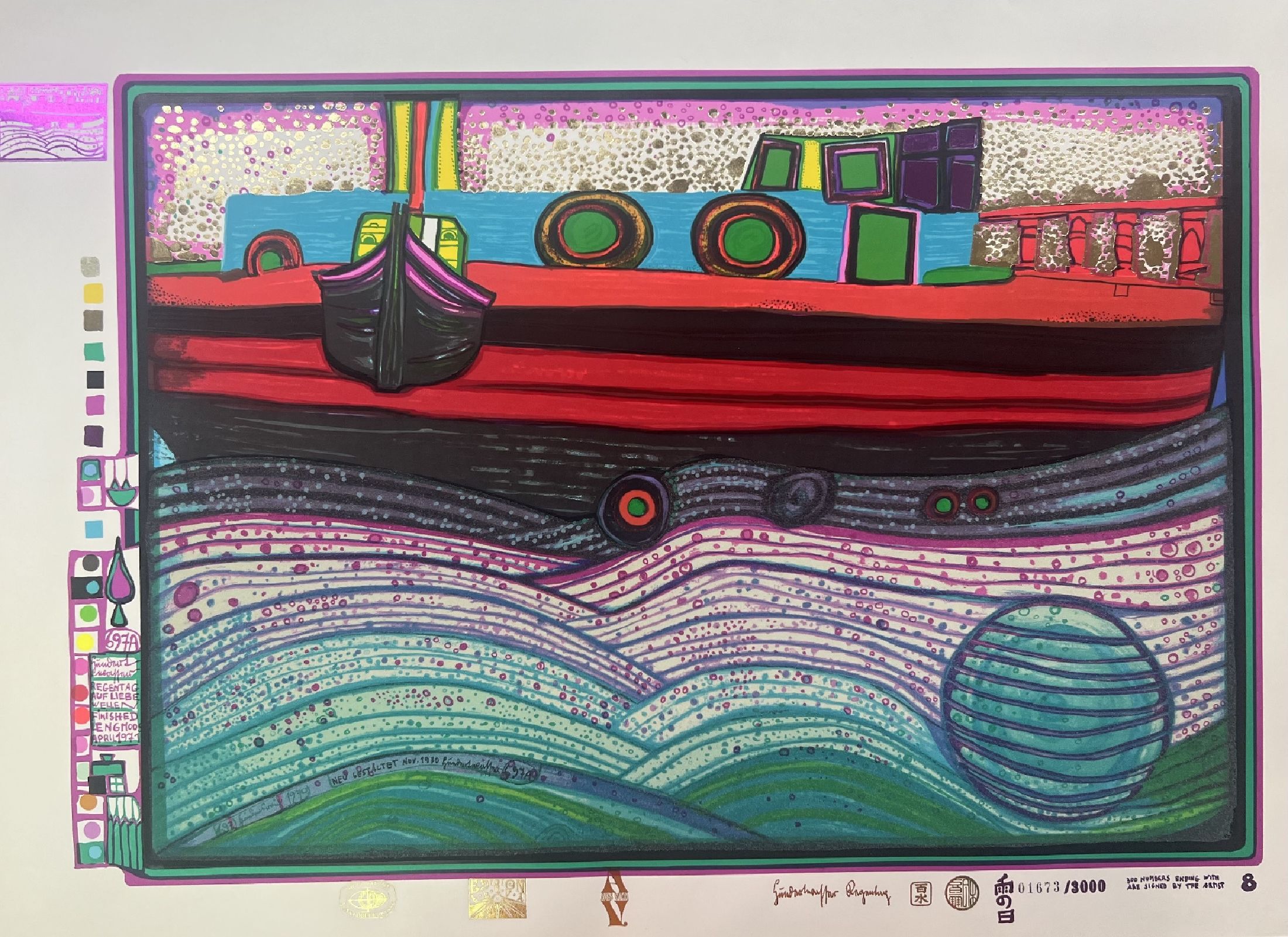 Friedensreich Hundertwasser, 1928-2000, Serigraphie in 23 Farben, Metallprägung u. Glasstaubauflage, 697A "Regentag auf Liebe Wellen", ...