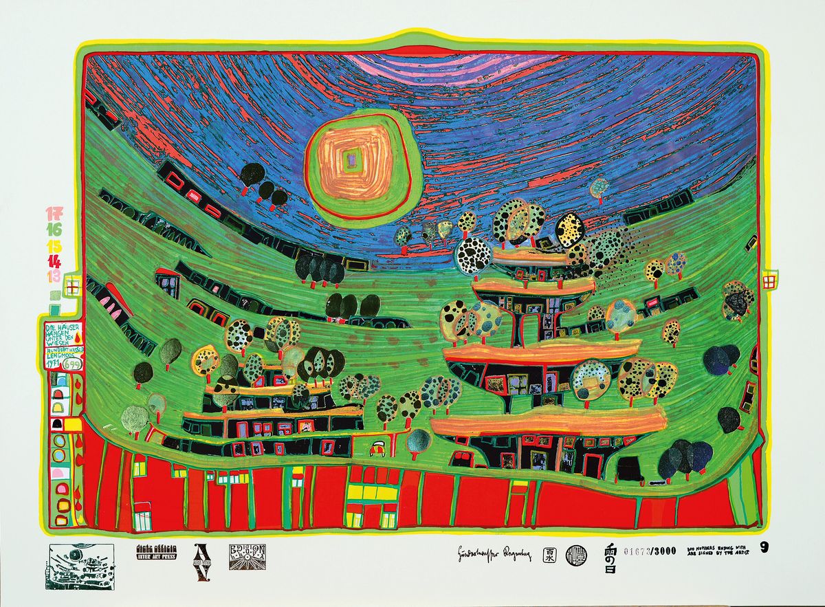 Friedensreich Hundertwasser, 1928-2000, Serigraphie in 19 Farben, Lackfirnis u. Metallprägung, 699A " Die Häuser hängen unter den ...