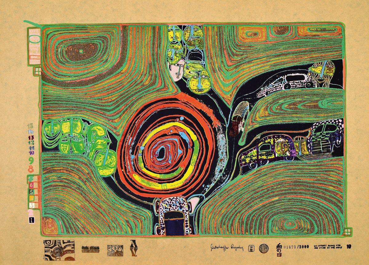 Friedenreich Hundertwasser, 1928-2000, Serigraphie in 17 Farben auf Teerpackpapier, Metallprägung u. Glasstaubauflage, 701A "Kreisverkehr der ...