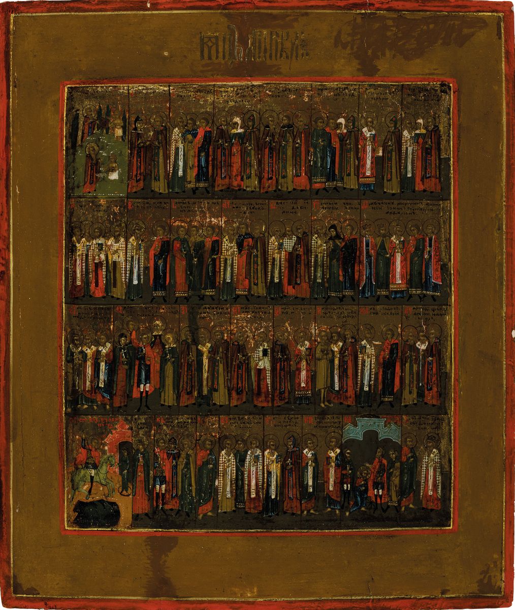 Monatsikone April, Russland, um 1900, Tempera auf Holz, mit Darstellungen aller Heiligen des Monats, ca. 31x26cm