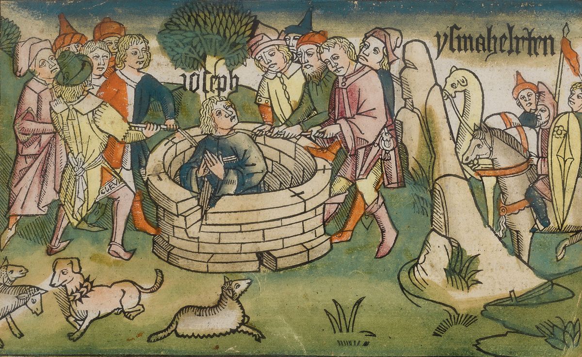 Zwei Buchholzschnitte: Biblia germanica, sog. "Neunte Deutsche Bibel", Nürnberg, Anton Koberger 1483, altkoloriert, Josef und seine ...