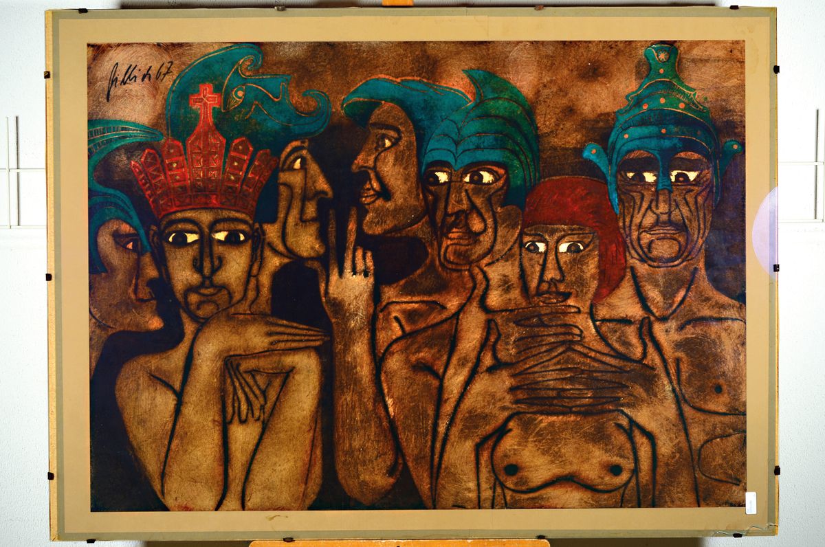 Walter Gillich, 1920 Saaz - 2000 Heidelberg, 1950-53 Meisterschüler von Paul Berger-Bergner hier: Lithografie in Kratztechnik, hier Figurengruppe, ...