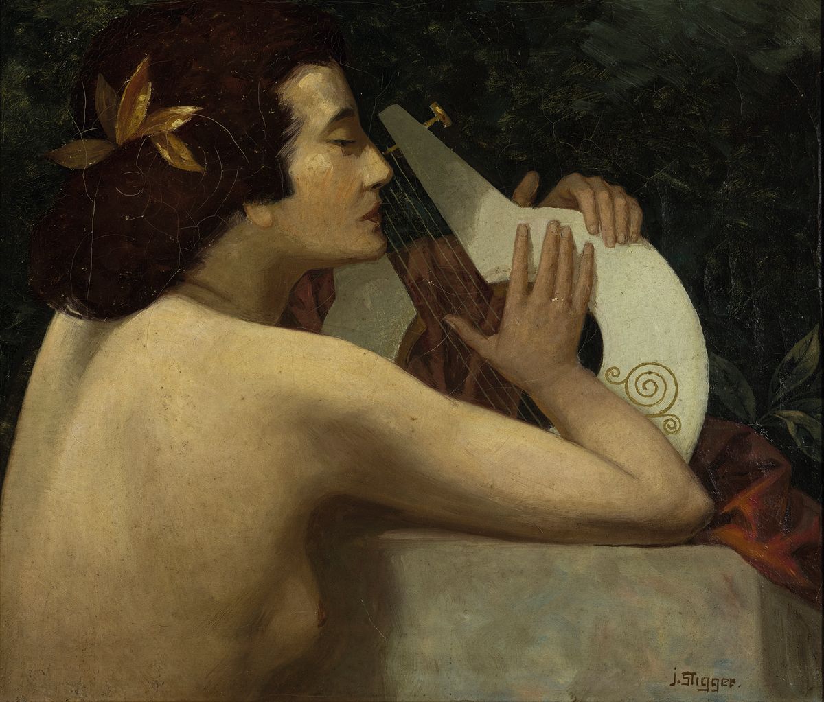 J. Stigger, Maler um 1900, Junge Frau mit Laute, Öl/Lwd, altersbedingt krakeliert, rechts unten signiert, ca. 35x41cm, R. ca. 41x47cm
