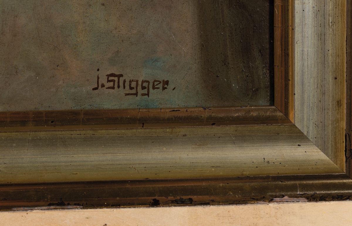 Detail a: J. Stigger, Maler um 1900, Junge Frau mit Laute, Öl/Lwd, altersbedingt krakeliert, rechts unten signiert, ca. 35x41cm, R. ca. 41x47cm