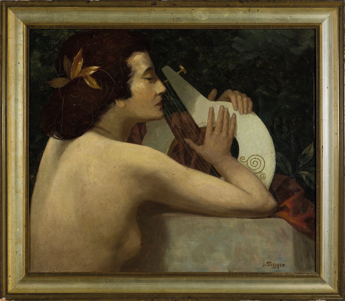 Detail k: J. Stigger, Maler um 1900, Junge Frau mit Laute, Öl/Lwd, altersbedingt krakeliert, rechts unten signiert, ca. 35x41cm, R. ca. 41x47cm