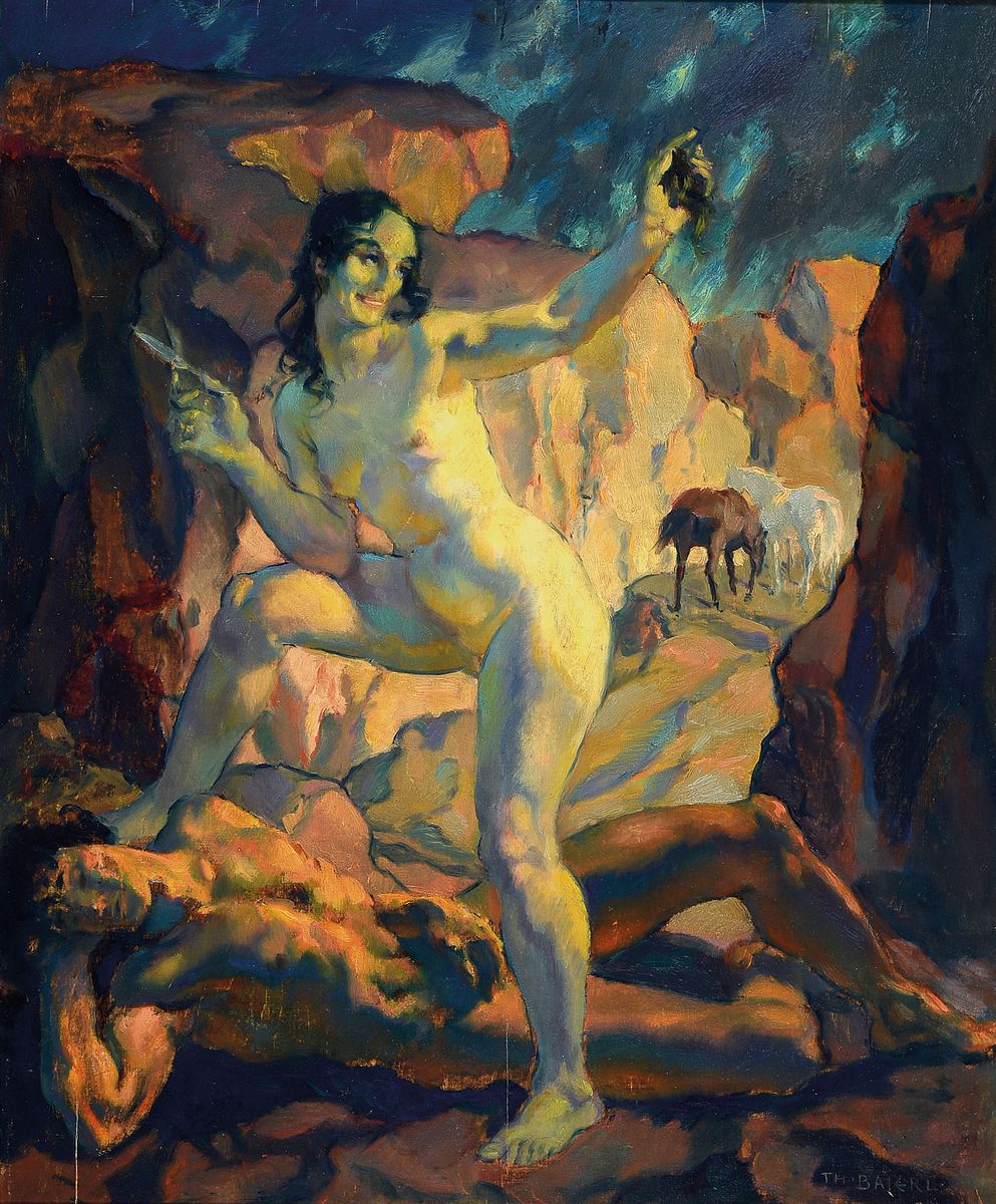 Theodor Baierl, 1881-1932 München, Samson und Dalila, rückseitig so betitelt, Öl/Holz, leicht spannungsrißig, rechts unten signiert, ca. 65x54cm, ...
