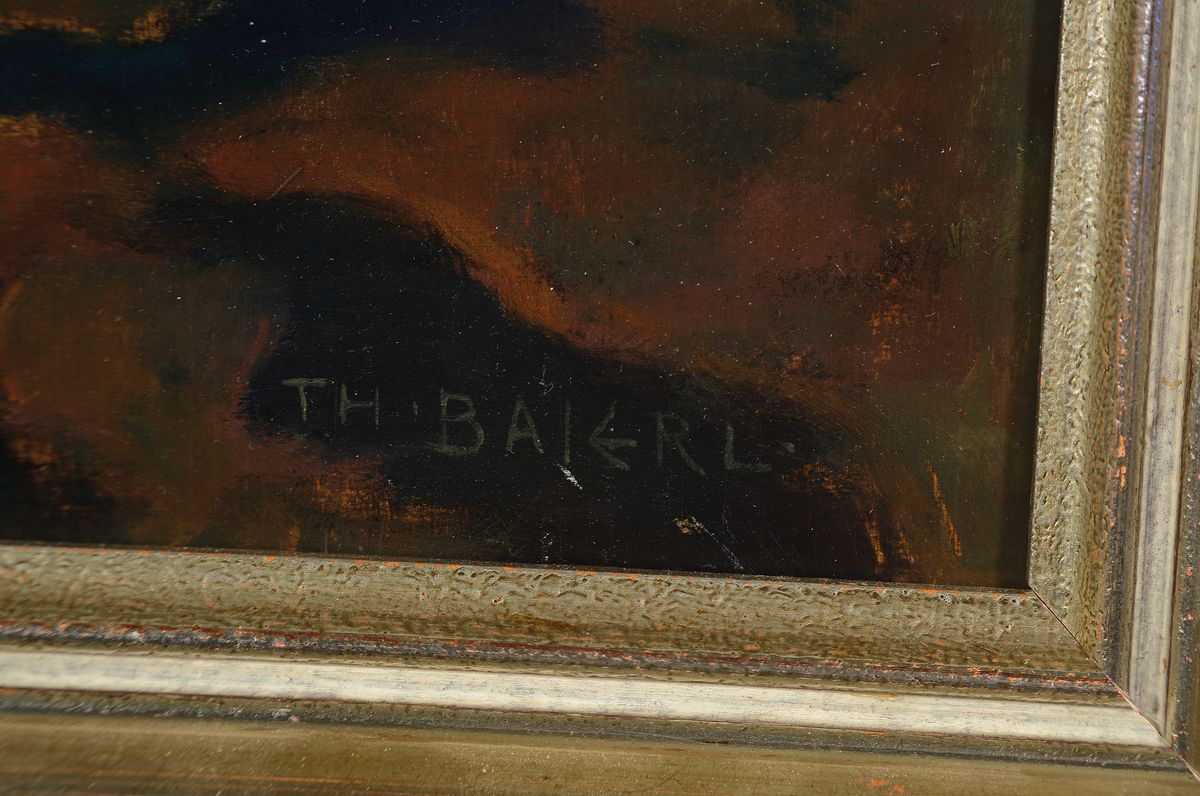 Detail a: Theodor Baierl, 1881-1932 München, Samson und Dalila, rückseitig so betitelt, Öl/Holz, leicht spannungsrißig, rechts unten signiert, ca. 65x54cm, ...