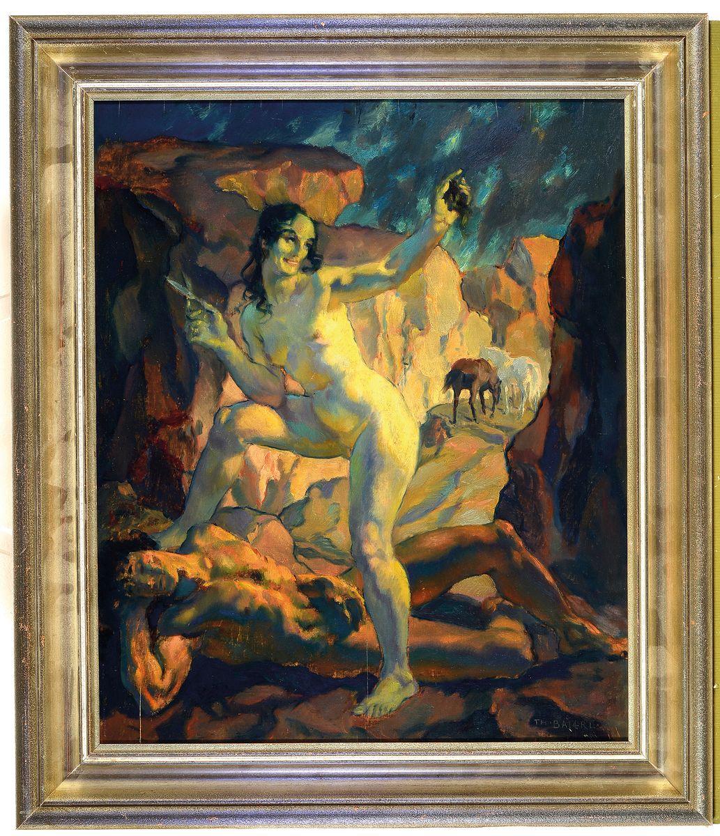 Detail k: Theodor Baierl, 1881-1932 München, Samson und Dalila, rückseitig so betitelt, Öl/Holz, leicht spannungsrißig, rechts unten signiert, ca. 65x54cm, ...