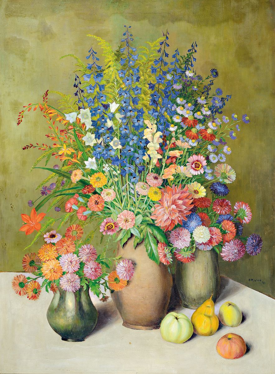 Kiyonobu Okuno, datiert 1941, Stillleben mit bunten Blumensträußen in drei Krügen, Öl/Lwd, seitlich rechts signiert und dat. 41, rückseitig ...