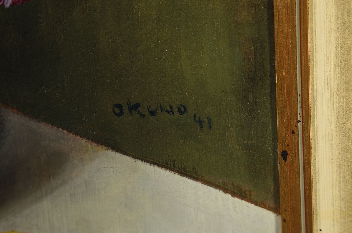 Detail a: Kiyonobu Okuno, datiert 1941, Stillleben mit bunten Blumensträußen in drei Krügen, Öl/Lwd, seitlich rechts signiert und dat. 41, rückseitig ...