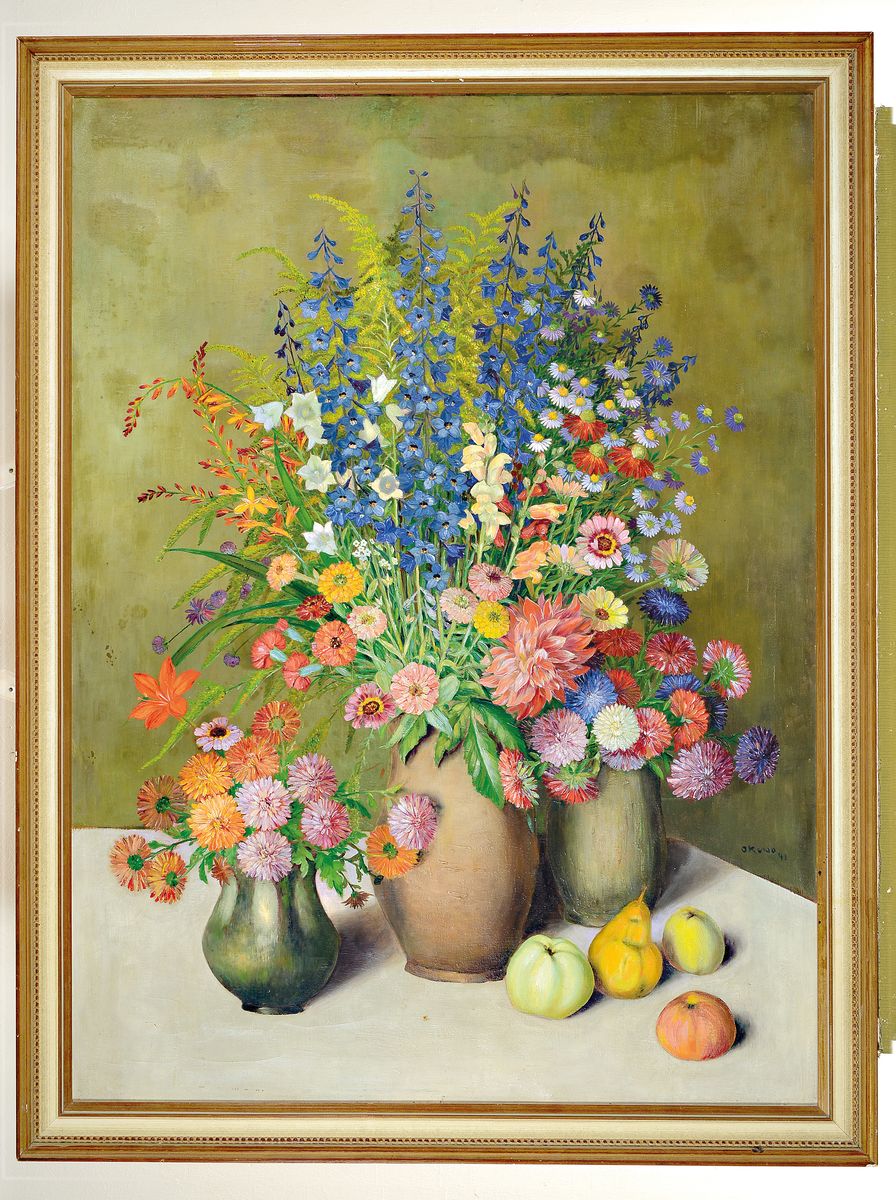 Detail k: Kiyonobu Okuno, datiert 1941, Stillleben mit bunten Blumensträußen in drei Krügen, Öl/Lwd, seitlich rechts signiert und dat. 41, rückseitig ...