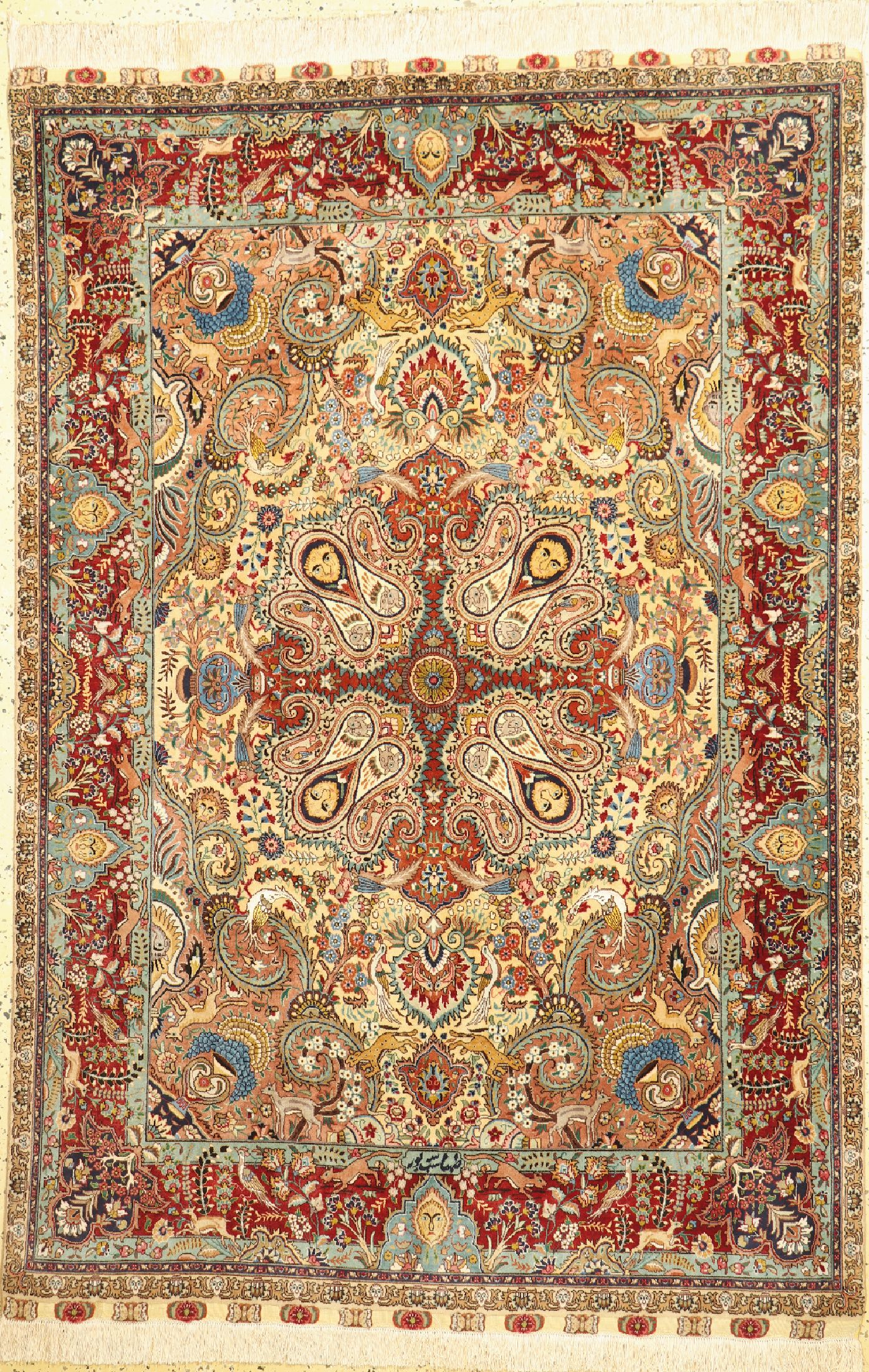 Täbriz fein alt, signiert, Persien, um 1940, Korkwolle mit und auf Seide, ca. 217 x 145 cm, ca. 500.000 Kn/qm, gereinigt, EHZ: 1-2.
