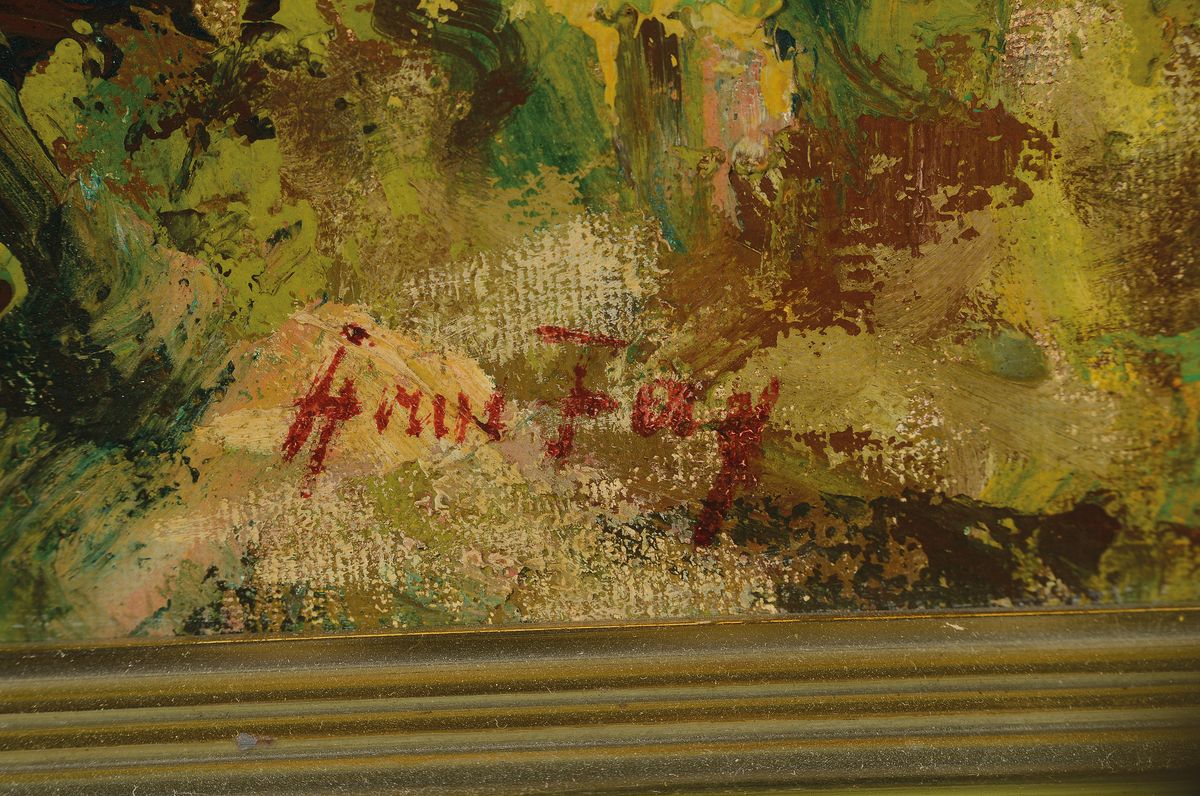 Detail a: Hanns Fay, 1888 Frankenthal-1957 Neustadt, Ausbildung zum Dekorationsmaler, Weinlese mit Blick über die Pfalz, links unten signiert, Öl/Lwd, 55x75 ...