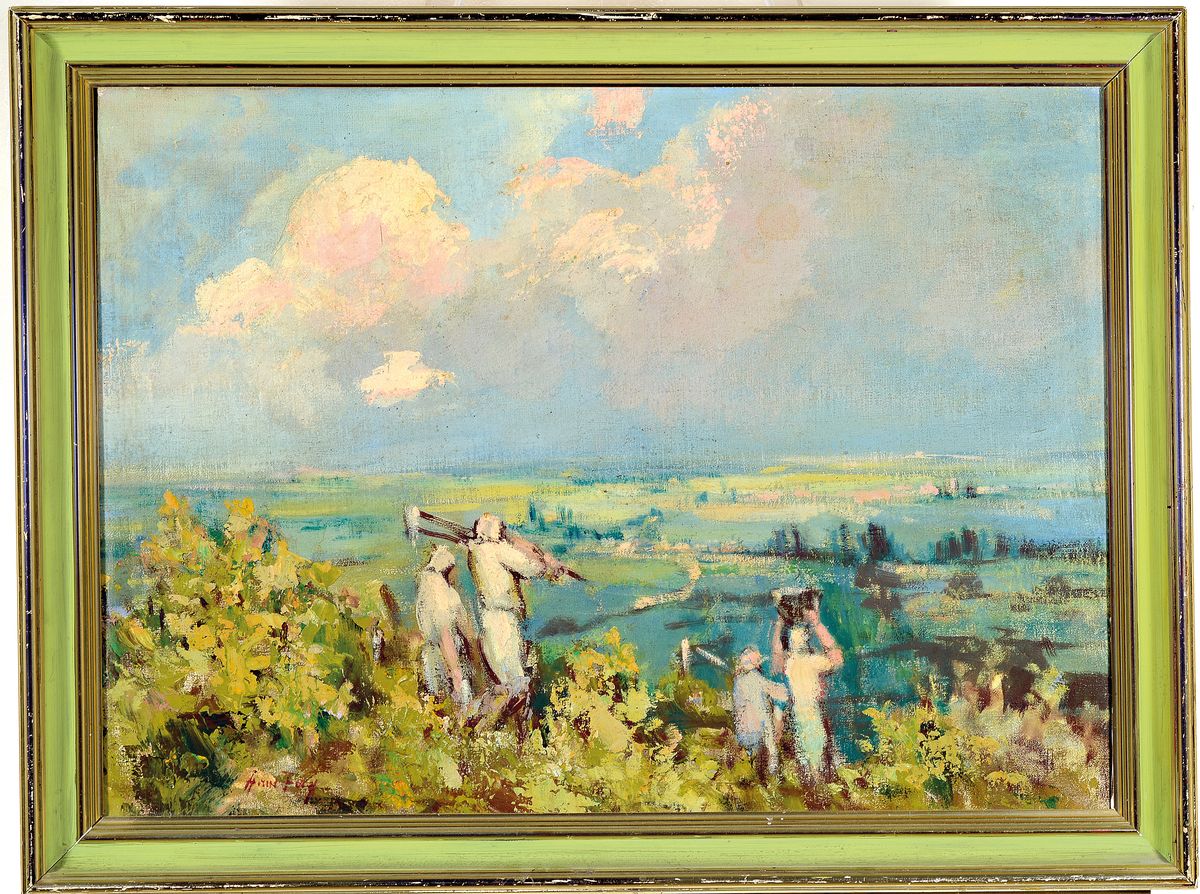 Detail k: Hanns Fay, 1888 Frankenthal-1957 Neustadt, Ausbildung zum Dekorationsmaler, Weinlese mit Blick über die Pfalz, links unten signiert, Öl/Lwd, 55x75 ...