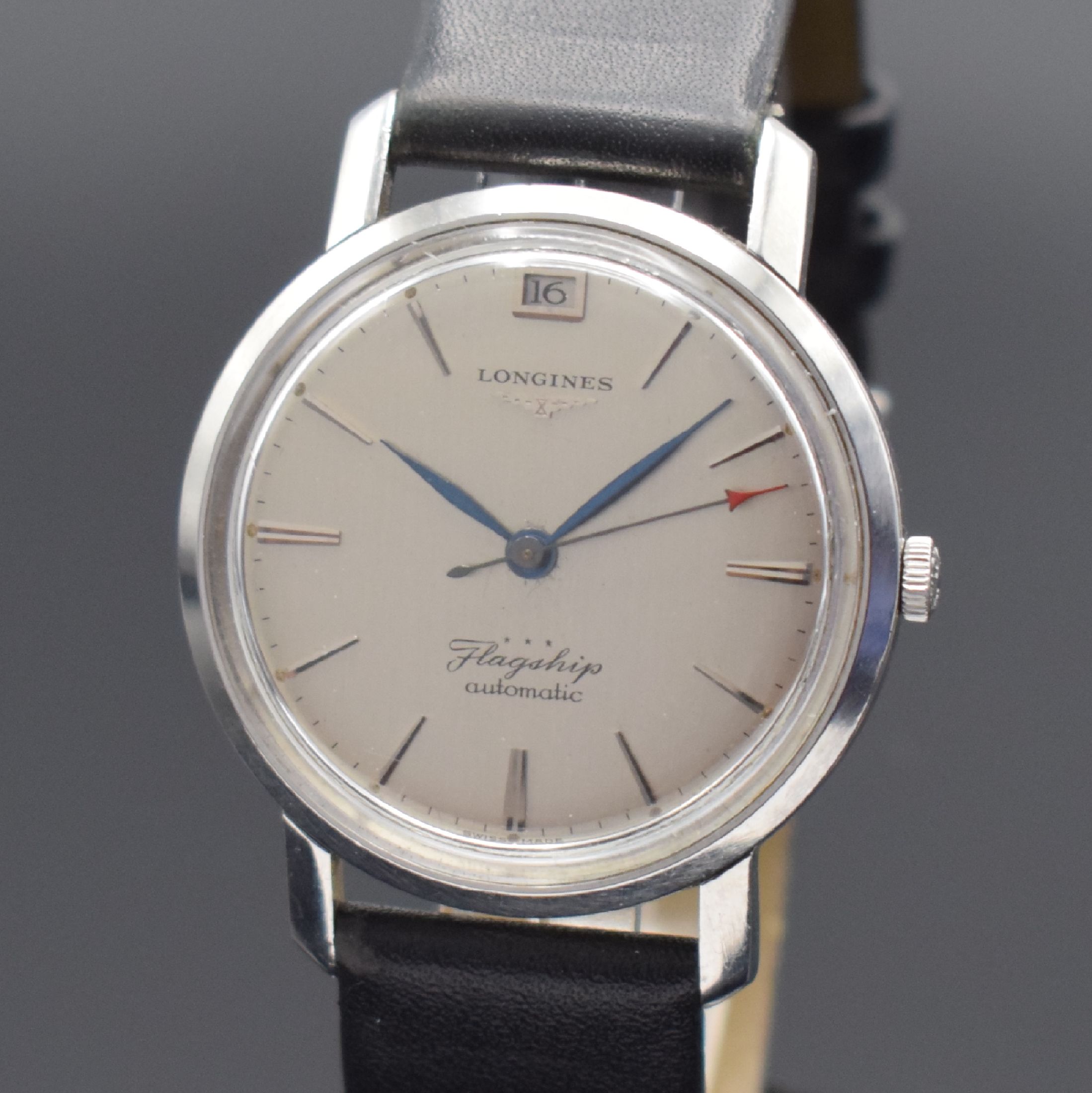 Detail a: LONGINES Flagship Herrenarmbanduhr in Stahl, Schweiz um 1962, Automatik, verschr. Geh., Boden m. Goldplakette, orig. Krone, silb. Zifferbl., aufges. ...