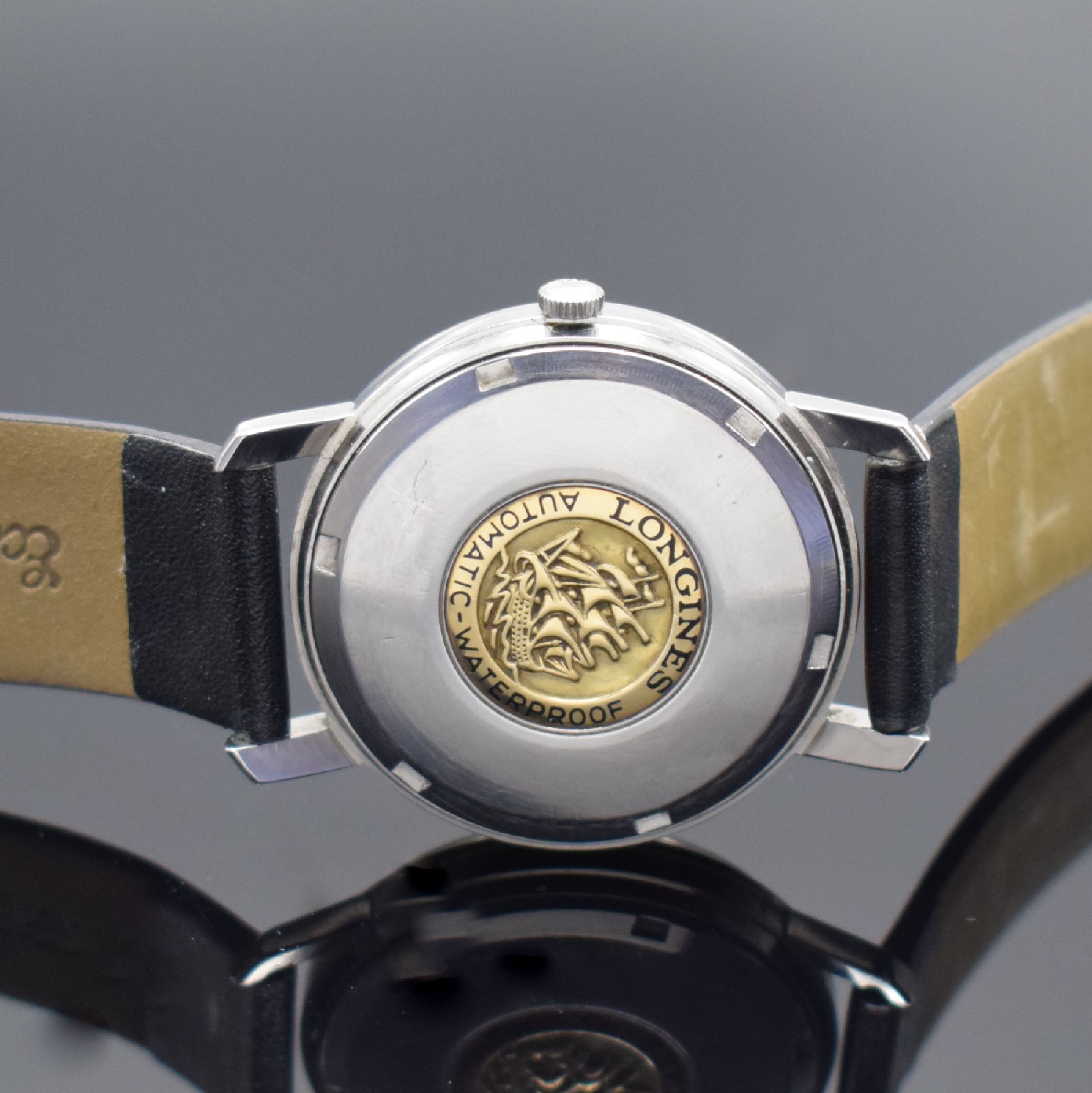 Detail c: LONGINES Flagship Herrenarmbanduhr in Stahl, Schweiz um 1962, Automatik, verschr. Geh., Boden m. Goldplakette, orig. Krone, silb. Zifferbl., aufges. ...
