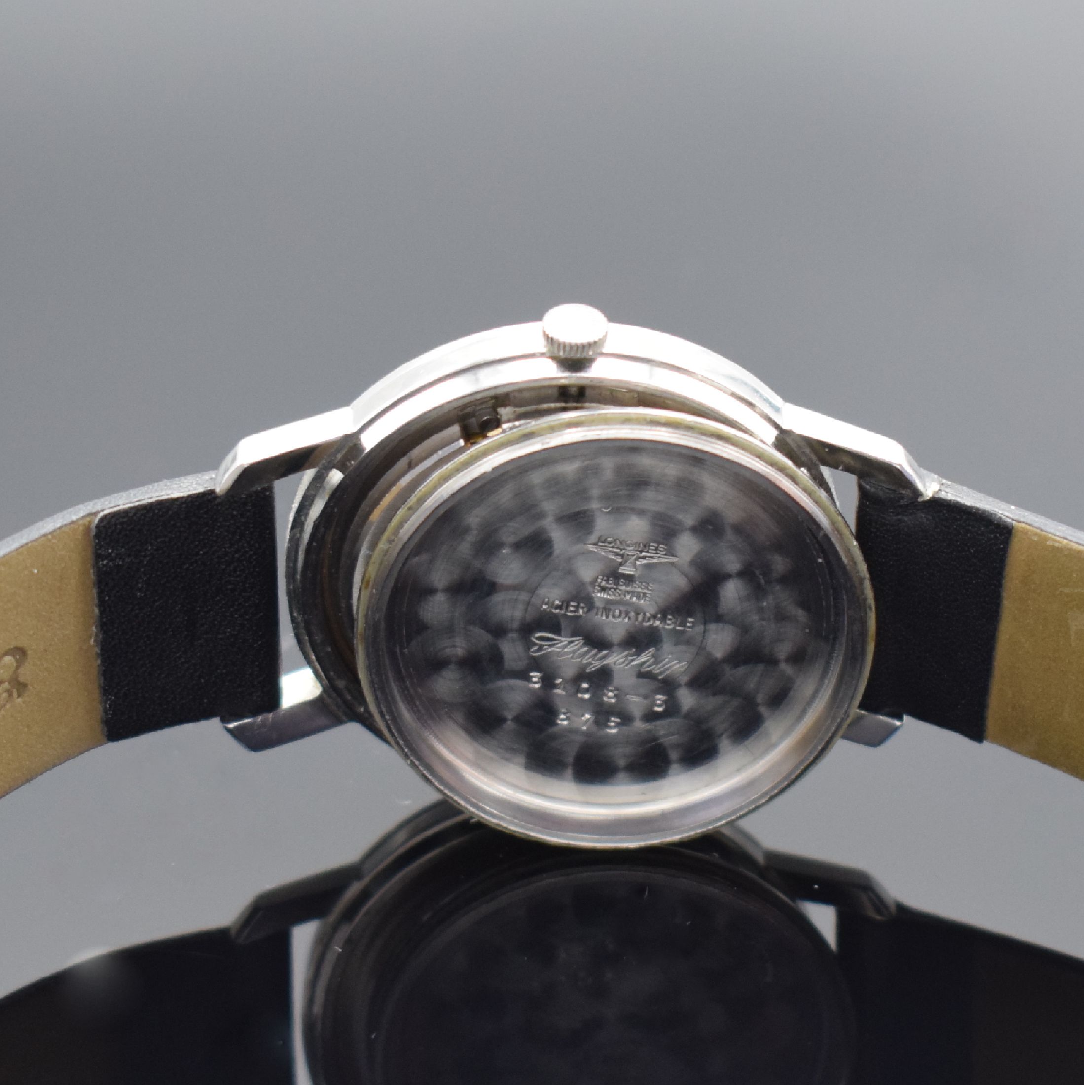 Detail f: LONGINES Flagship Herrenarmbanduhr in Stahl, Schweiz um 1962, Automatik, verschr. Geh., Boden m. Goldplakette, orig. Krone, silb. Zifferbl., aufges. ...