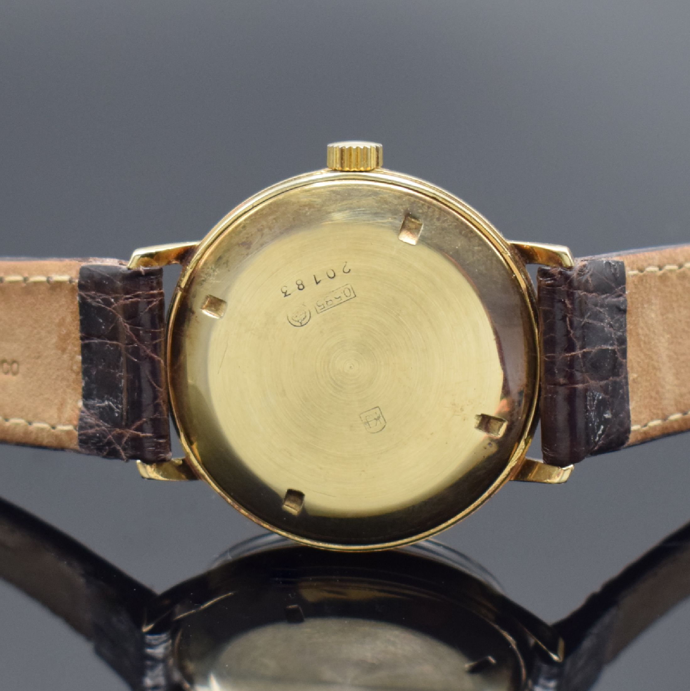 Detail c: JUNGHANS Chronometer Armbanduhr in GG 585/000, Deutschland um 1956, Handaufzug, verschr. Geh., silb. Schraffur-Zifferbl., gold. Indices, gold. ...