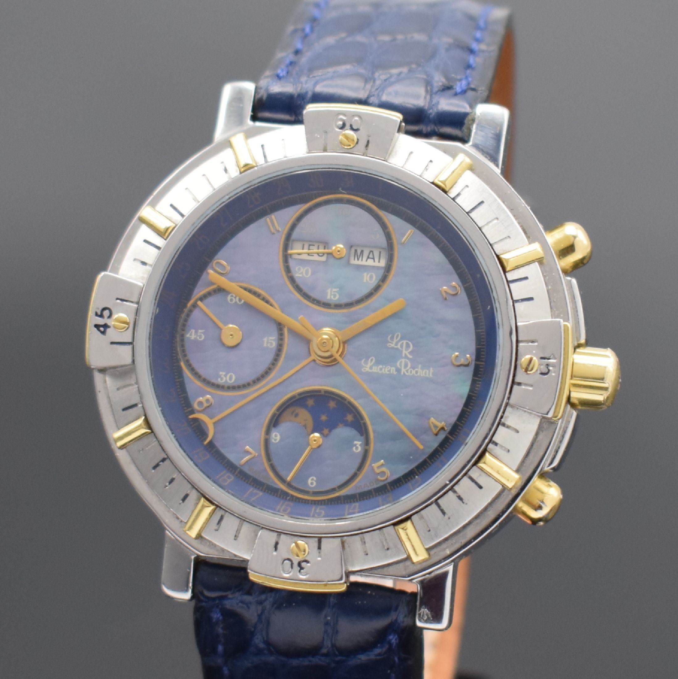 Detail a: LUCIEN ROCHAT Herrenchronograph mit Voll- Kalender in Stahl, Schweiz um 1990, Automatik, Geh. m. eins. drehb. Lunette, einges. Gold-Indexe, Boden u. ...