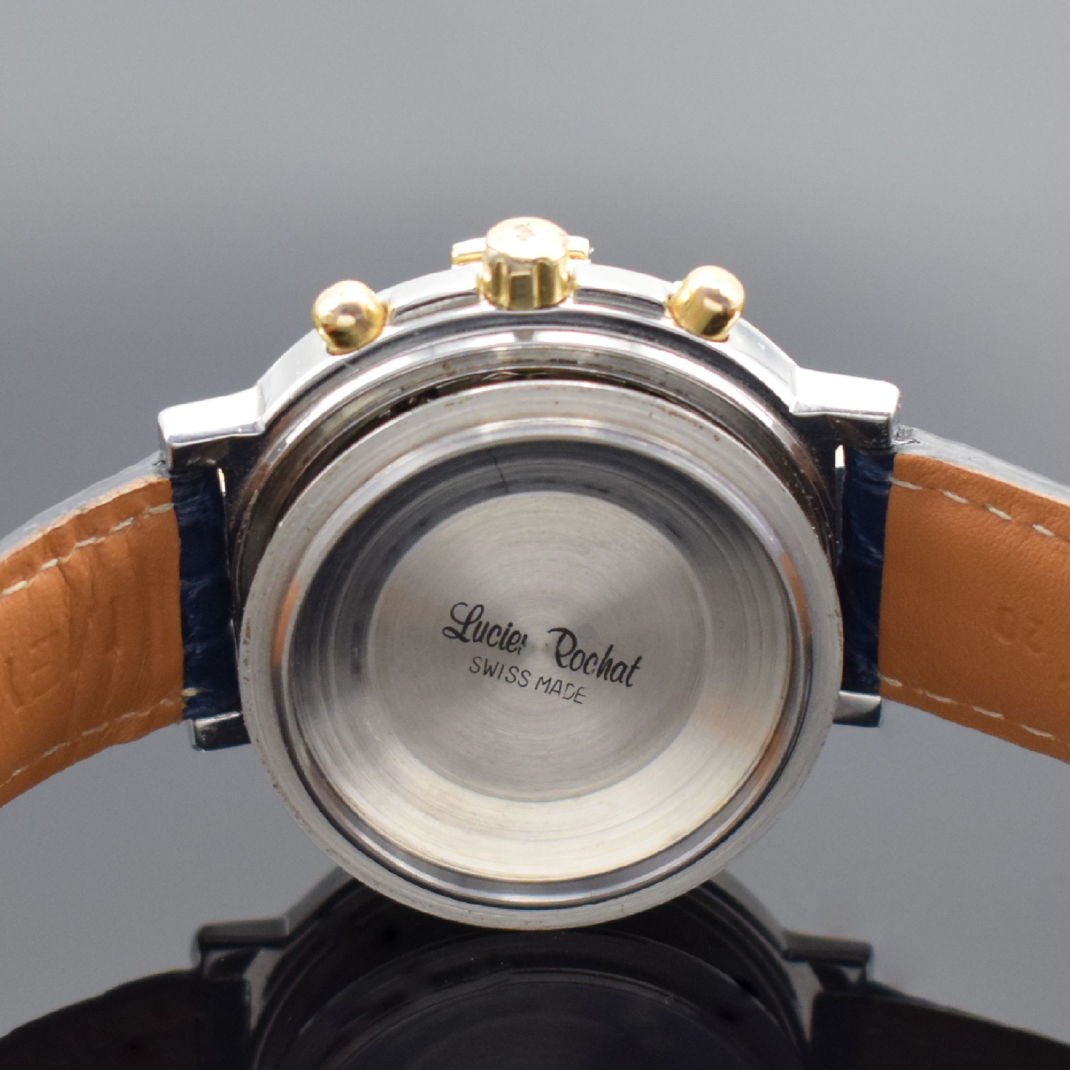 Detail f: LUCIEN ROCHAT Herrenchronograph mit Voll- Kalender in Stahl, Schweiz um 1990, Automatik, Geh. m. eins. drehb. Lunette, einges. Gold-Indexe, Boden u. ...