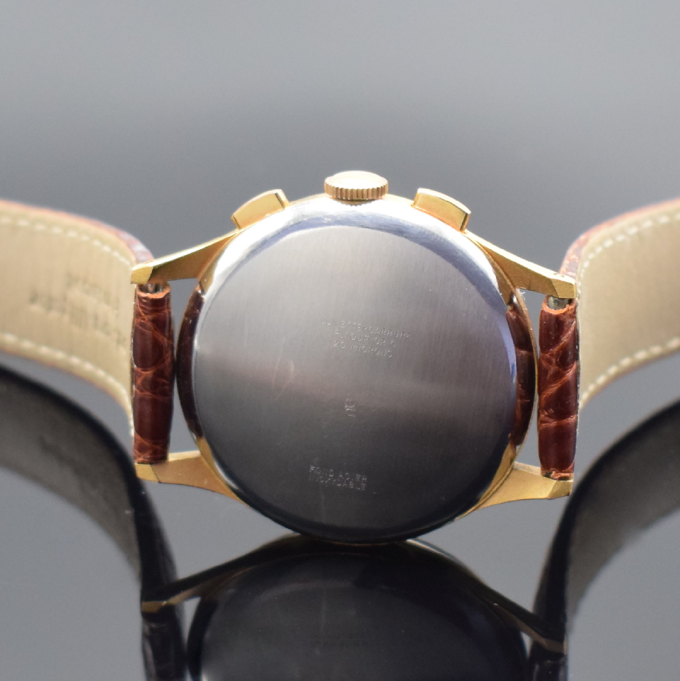 Detail c: EXCELSIOR PARK Kaliber 4 vergoldeter Schaltradchronograph, Schweiz um 1950, Handaufzug, 3-tlg. Geh. m. aufgedr. Stahlboden, silb. Zifferbl., rotgold. ...