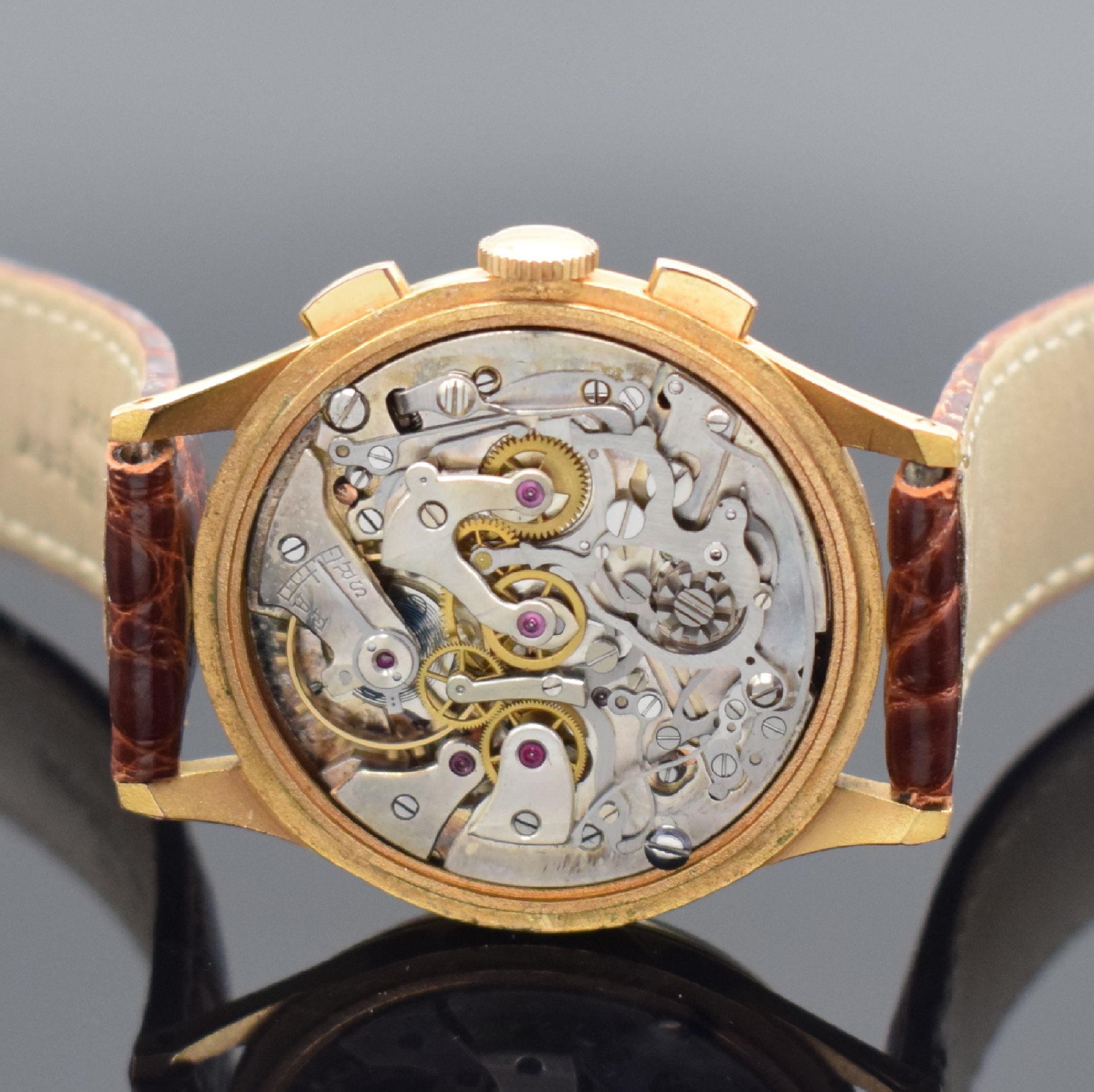 Detail d: EXCELSIOR PARK Kaliber 4 vergoldeter Schaltradchronograph, Schweiz um 1950, Handaufzug, 3-tlg. Geh. m. aufgedr. Stahlboden, silb. Zifferbl., rotgold. ...