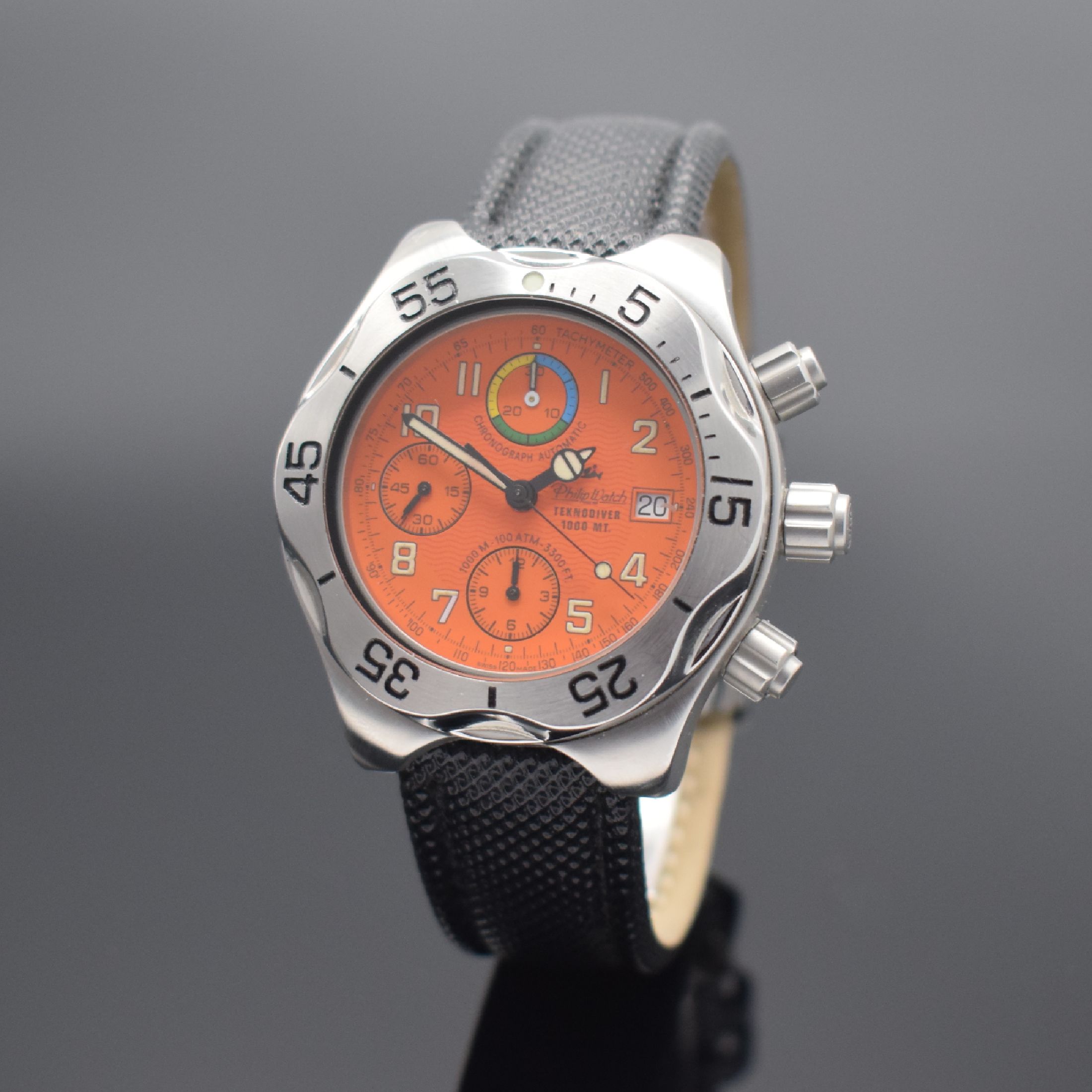 PHILIP WATCH Teknodiver auf 500 Stück limitierter Taucher-Chronograph in Stahl, Schweiz um 2000, Automatik, massives mattiertes Geh., Boden, Krone ...