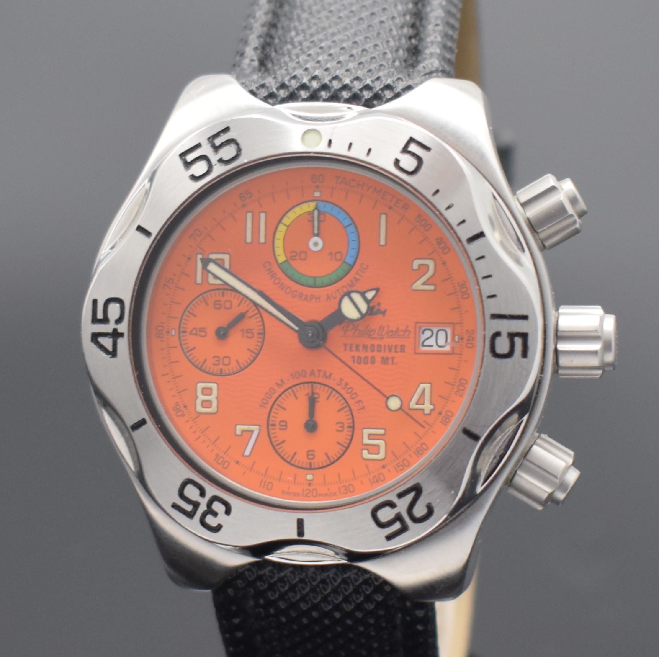 Detail a: PHILIP WATCH Teknodiver auf 500 Stück limitierter Taucher-Chronograph in Stahl, Schweiz um 2000, Automatik, massives mattiertes Geh., Boden, Krone ...