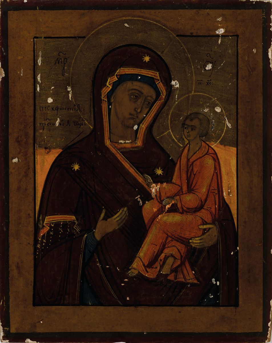 Detail a: 3 Ikonen, Russland, um 1900, mit versch. Darstellungen der Gottesmutter Maria, Tempera auf Holz, 1x mit Schriftrolle, ca. 35x29cm, 1x mit Jesuskind ...