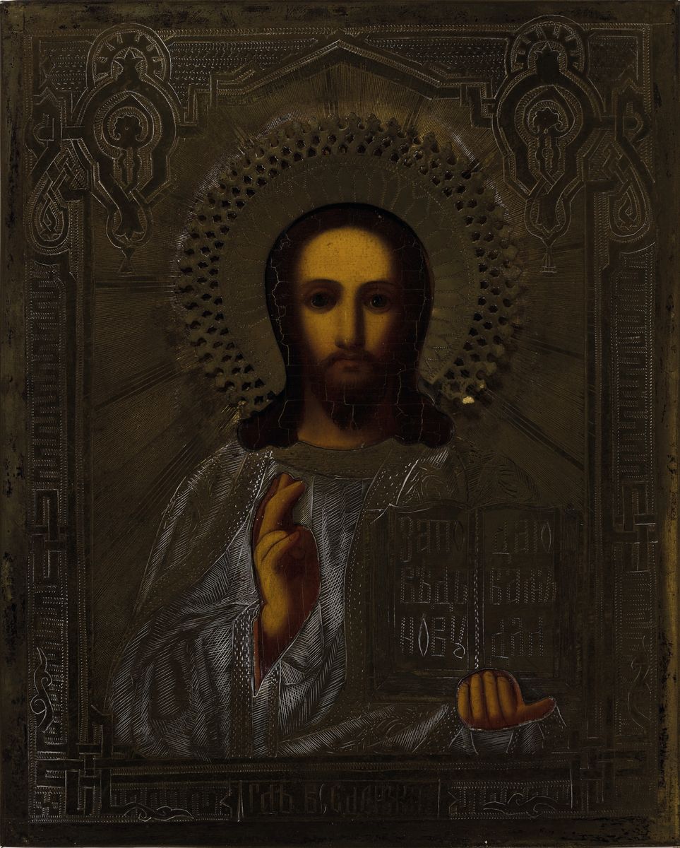 Ikone, Russland, um 1900, Christus Pantokrator, Tempera auf Holz, Metalloklad fein ziseliert und guillochiert, ca. 22x18cm