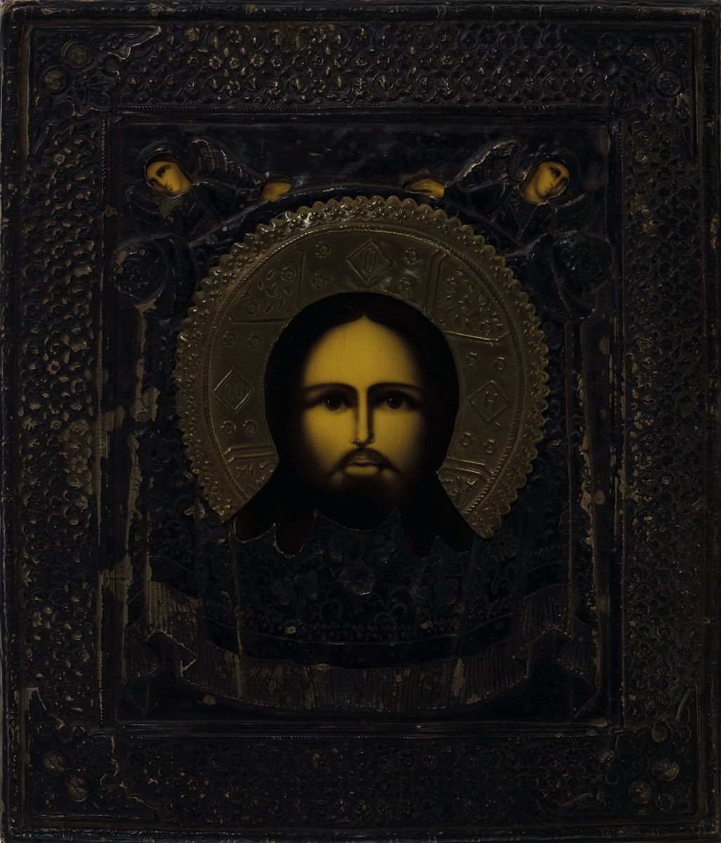 Ikone, Russland, um 1900-1910, Christus im Mandylion, Tempera auf Holz, versilbertes geprägtes Metalloklad, Messinggloriole, ca. 30x26cm