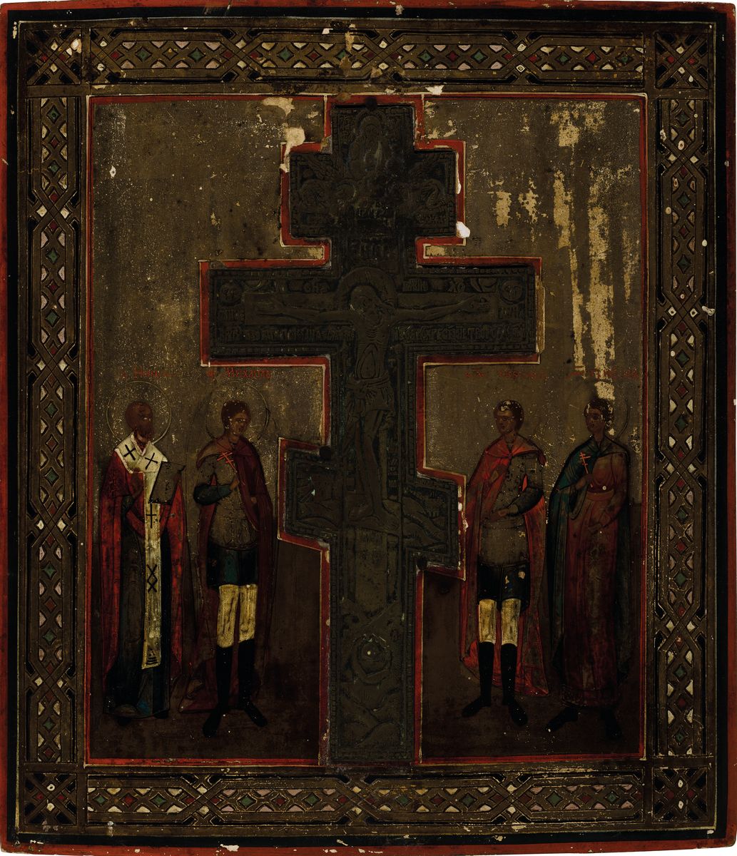 Staurothek-Ikone, Russland, um 1900, Tempera auf Holz, mittig eingelegtes Kreuz, dieses Messing reliefiert, ca. 35x30cm
